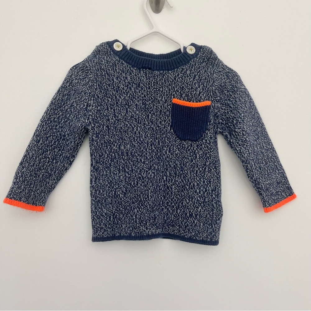 Baby Boden Speckled Navy Blue Baby Sweater with Orange Accents Chunky 6-12 Mos
